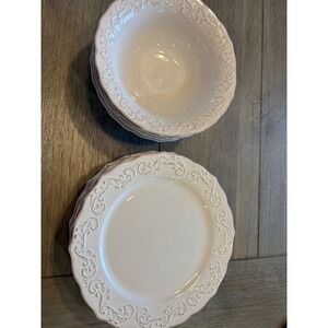 Pier 1 Imports Antique Scroll White Dolomite 6 Salad Plates 4‎ Bowls 10pc Set